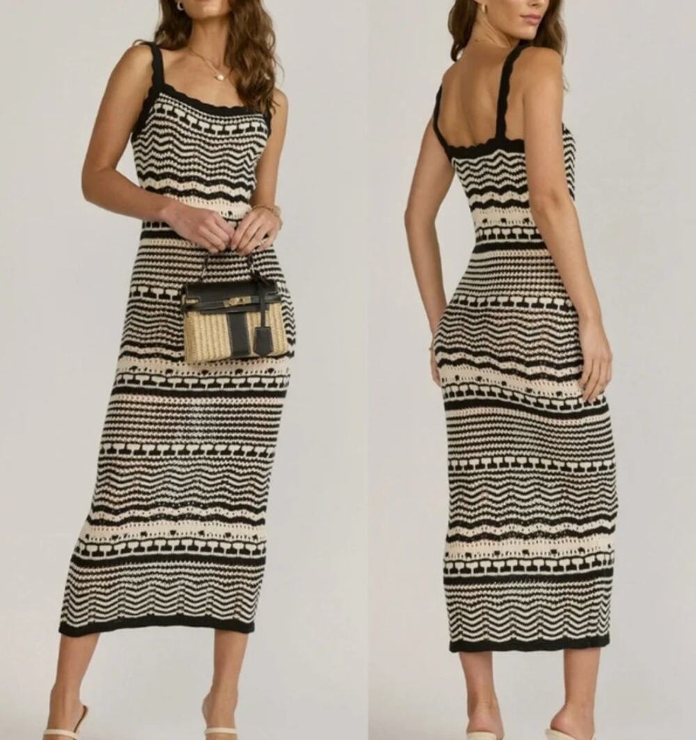 NWT Joie Striped Knit Crochette Midi Dress Black White Sleeveless Size Medium